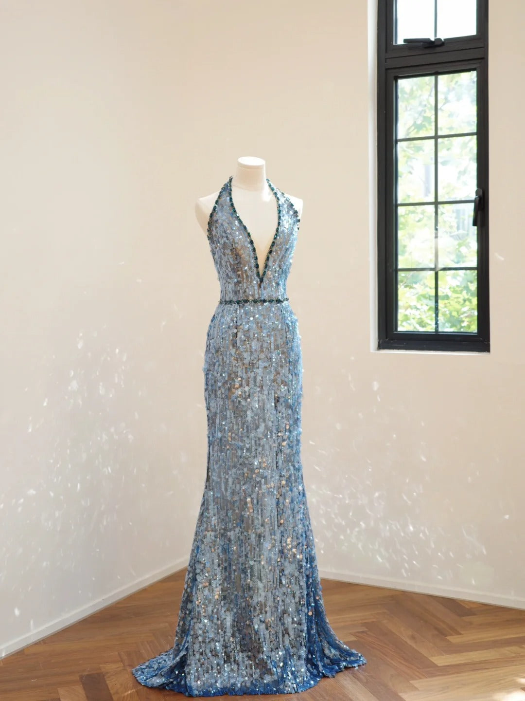 Girlhomeshops-Blue fashion V-neck long sequined Prom dress evening dress gh5069