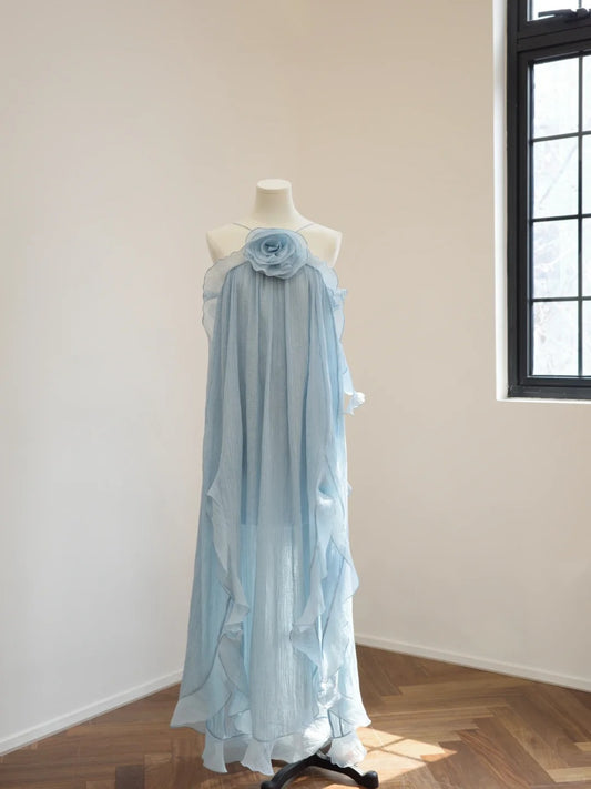 Girlhomeshops-Blue floral halter long backless chiffon party dress wedding guest dress gh5063