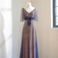 girlhomeshops-Vintage Blue-Gold Gradient V-Neck Sequin Bow Long Evening Gown gh6030