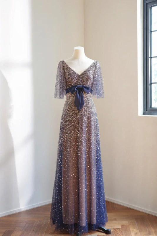 girlhomeshops-Vintage Blue-Gold Gradient V-Neck Sequin Bow Long Evening Gown gh6030