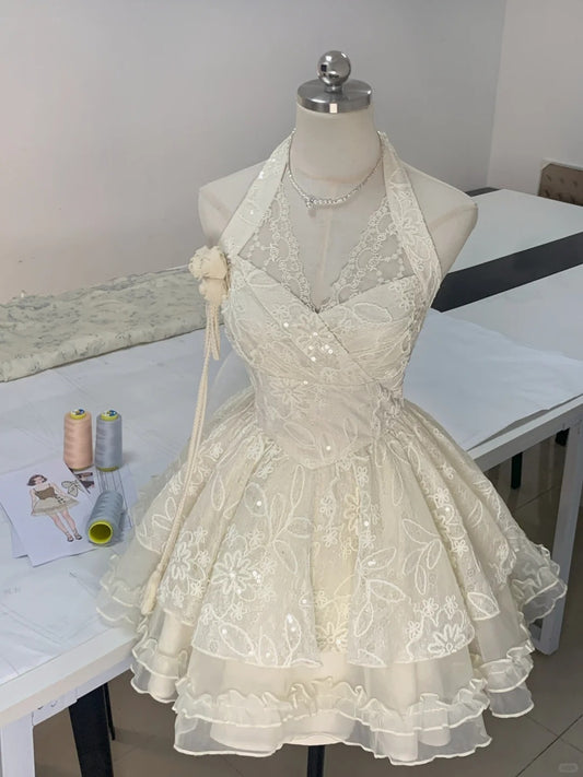 Ivory White Sweet Elegant Cute Short Lace Chiffon Homecoming Dress Prom Dress Evening Dress Party Dress gh4187