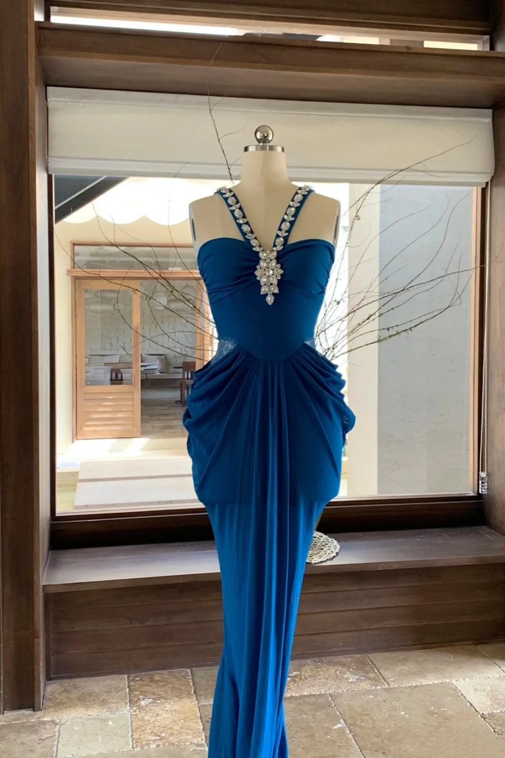 Blue Exquisite Bead Embellishment Long Satin Formal Prom Dress gh6769