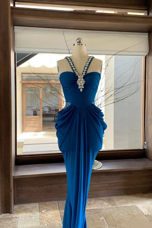 Blue Exquisite Bead Embellishment Long Satin Formal Prom Dress gh6769