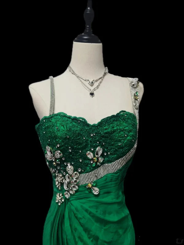 Green Vintage Fashion Elegant Exquisite Beaded Lace Long Satin Floor Length Trailing Ball Gown Evening Gown Party Dress gh3816