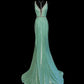 Mint Green Fashion Elegant V-neck Long Mermaid Slim Fishtail Skirt Satin Floor Length Train Ball Gown Evening Gown Party Dress Prom Dress gh3817