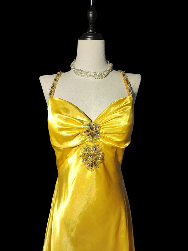 Yellow Fashion Elegant V-neck Exquisite Gem Long Mermaid Slim Fishtail Skirt Satin Floor Length Train Ball Gown Evening Gown Party Gown Prom Dress gh3820