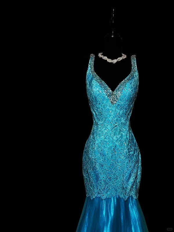 Blue Shiny Fashion Elegant V-neck Floral Long Mermaid Slim Fishtail Skirt Satin Floor Length Train Ball Gown Evening Gown Party Dress Prom Dress gh3818