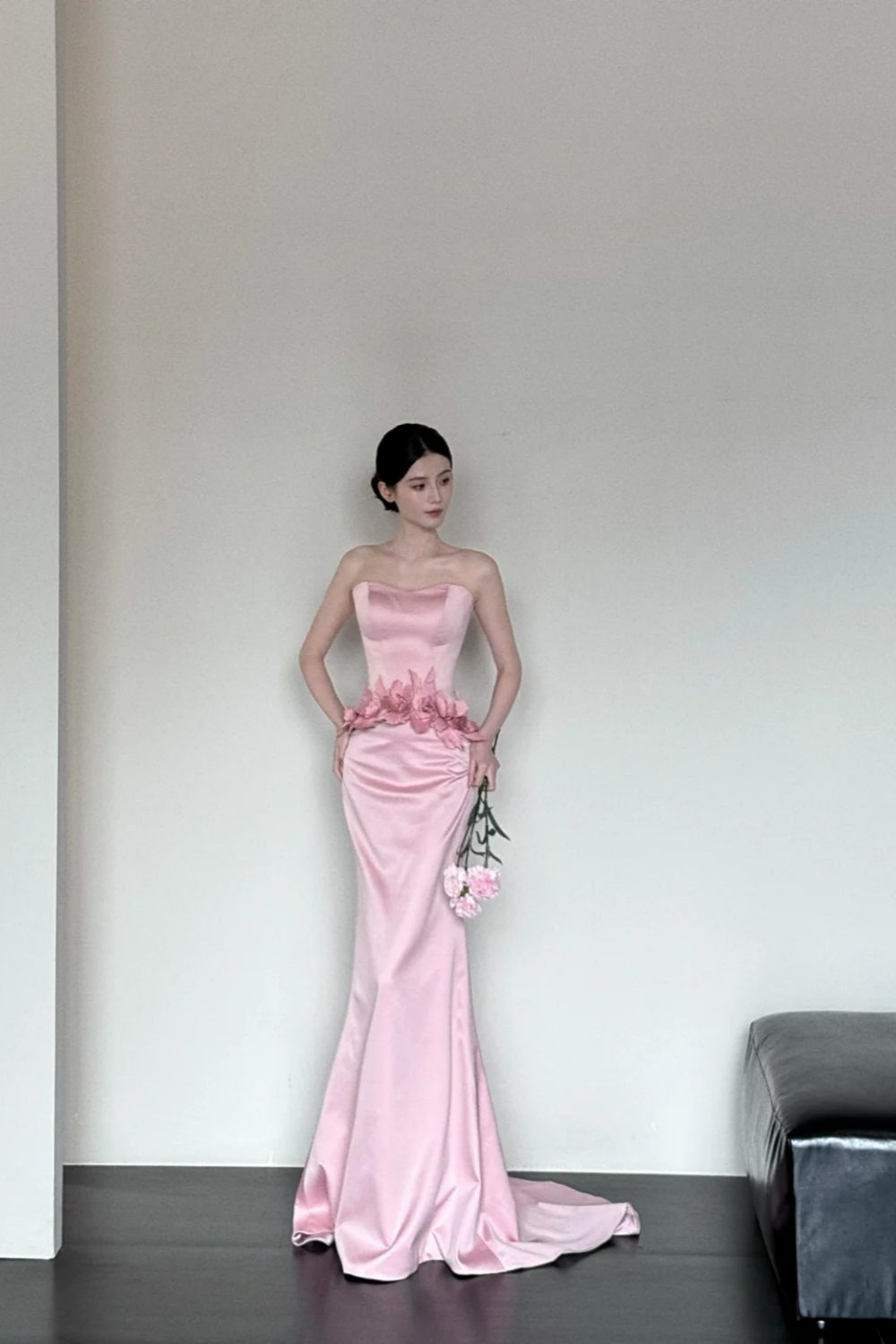Pink Fashion Elegant Exquisite Floral Long Satin Corset Mermaid Slim Floor Length Train Ball Gown Evening Dress Party Dress Prom Dress gh3731