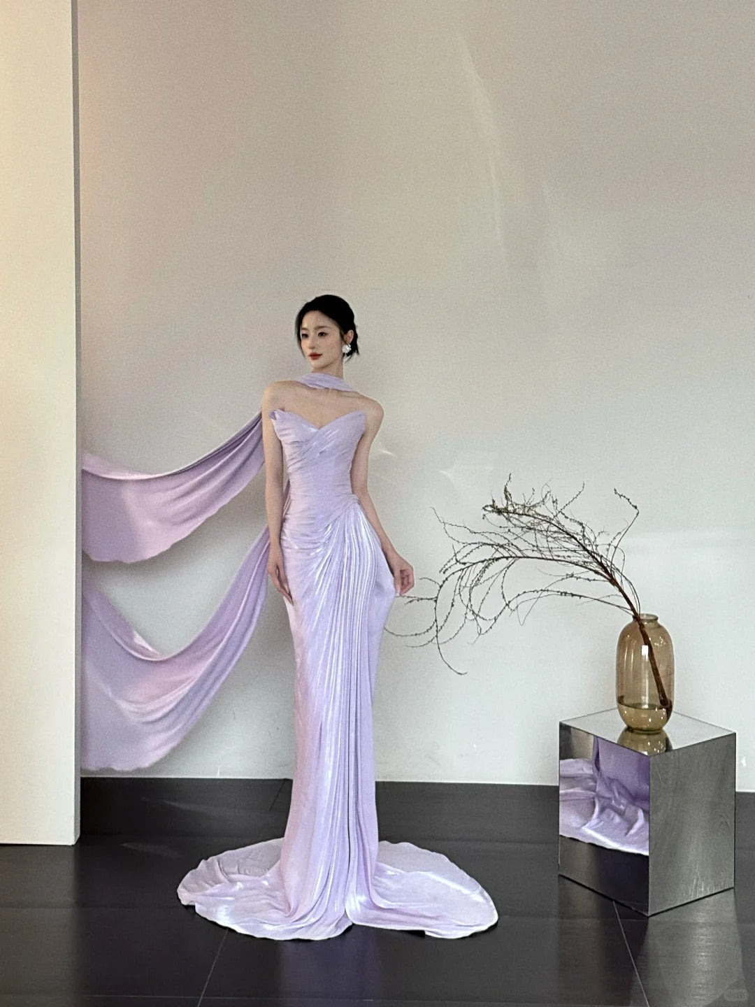 Robe de soirée sirène en satin, élégante et romantique, violette, à la mode, longue, slim, longueur au sol, traîne, robe de bal, gh3734