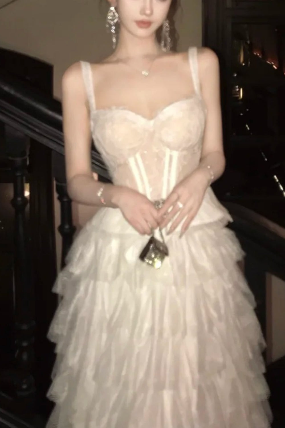 girlhomeshops-Sweet White Lace Strappy Gown, Tiered dress Design Overflows with Romantic Atmosphere gh5901