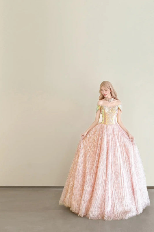 girlhomeshops-Vintage Pink-Gold Contrast Off-Shoulder Court Style Evening Gown gh6027