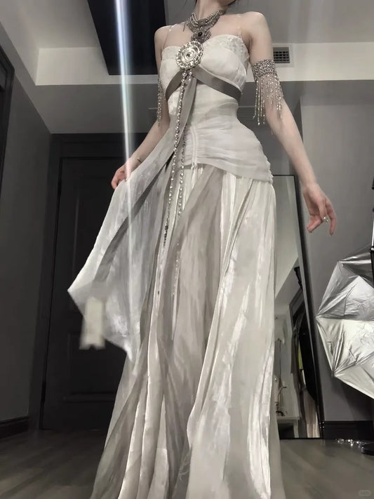 Robe de soirée longue en satin et tulle blanc et gris, robe de bal, robe de remise de diplôme, gh4492