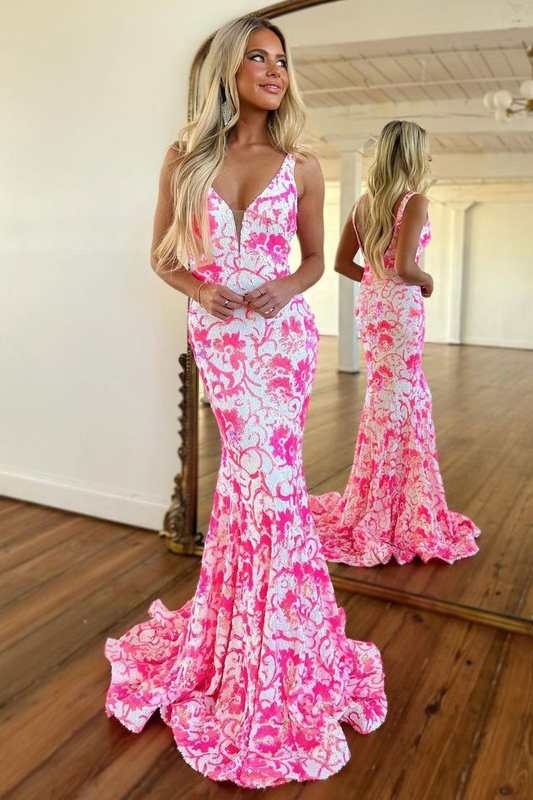 Pink V Neck Sequin Lace Mermaid Prom Dress gh2964