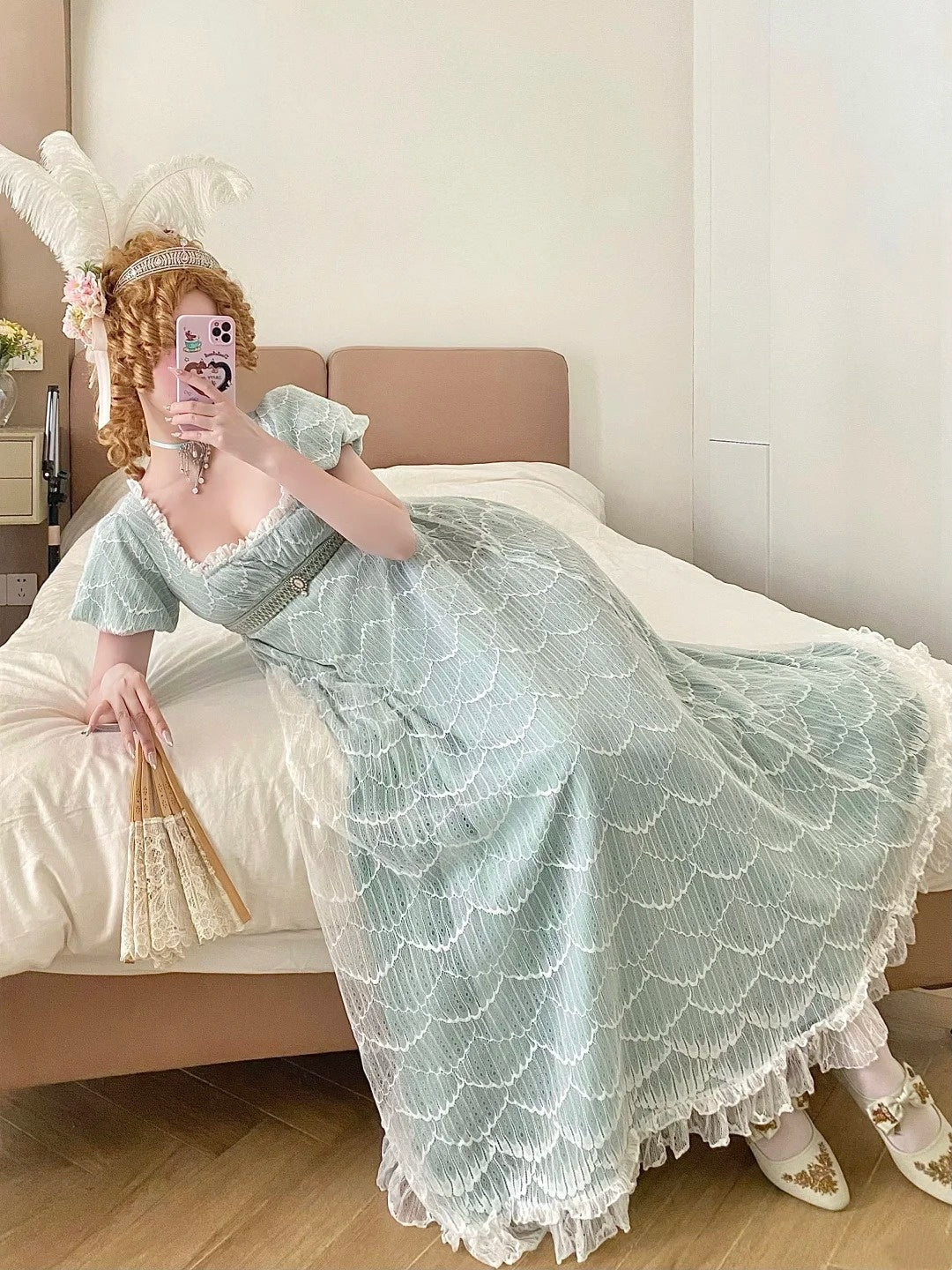 Mint Green Lace Square Neck Short Sleeve Floor-length Gown Retro Rococo Tea Party·Luxury Party Dress gh6738