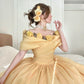 Cream Yellow Organza Off-the-shoulder Floor-length Ballgown 3D Rose Victorian Evening Dress gh6736