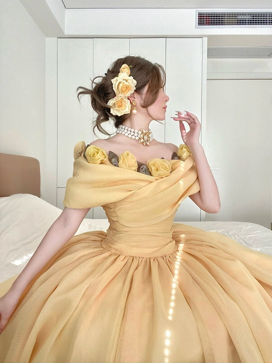 Cream Yellow Organza Off-the-shoulder Floor-length Ballgown 3D Rose Victorian Evening Dress gh6736