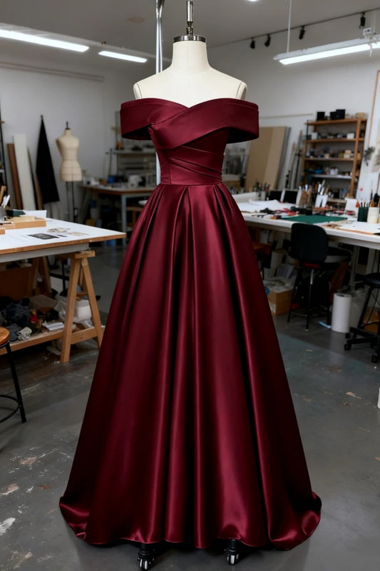 girlhomeshops-Burgundy off-shoulder satin long dress gh6161