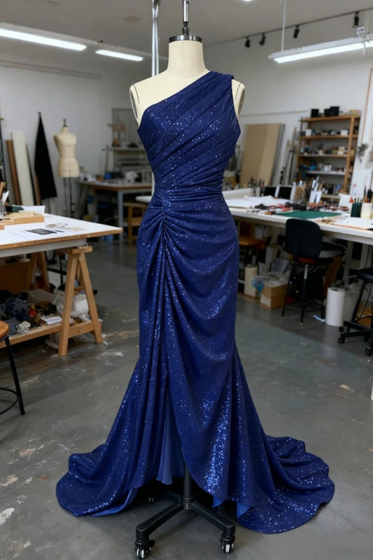 girlhomeshops-Blue One-Shoulder Fashion Shimmering Sequined Long Train Dress gh6169