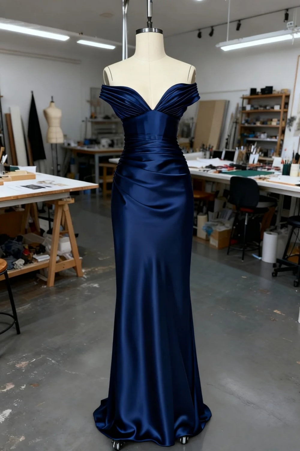girlhomeshops-Blue elegant and simple long satin dress gh6168