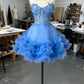 girlhomeshops-Blue Delicate Beaded Short Tulle Dress, Homecomming Birthday Dress gh6163