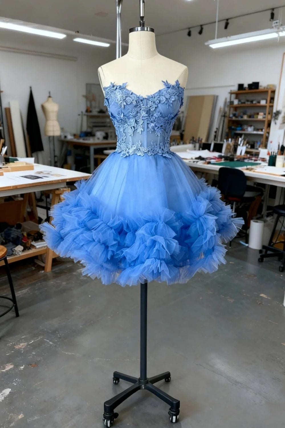 girlhomeshops-Blue Delicate Beaded Short Tulle Dress, Homecomming Birthday Dress gh6163
