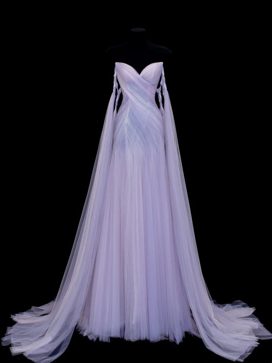 Märchenhaft luxuriöses, verträumtes Abendkleid im hellvioletten Tüll-Stil mit trägerloser Schleppe – Sternenlicht-Thema, Dinner- und Ballkleid gh6562