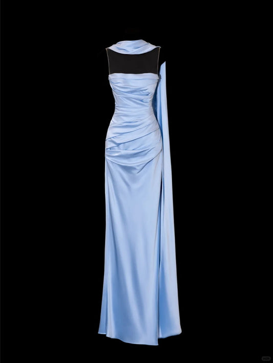 Girlhomeshops-Blau exquisite Perlen Mode lange Satin Ballkleid Abendkleid Partykleid gh5379