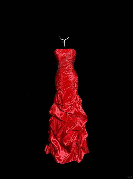 Girlhomeshops-Red exquisite beaded vintage dress long satin floor-length ball gown graduation dress gh5241