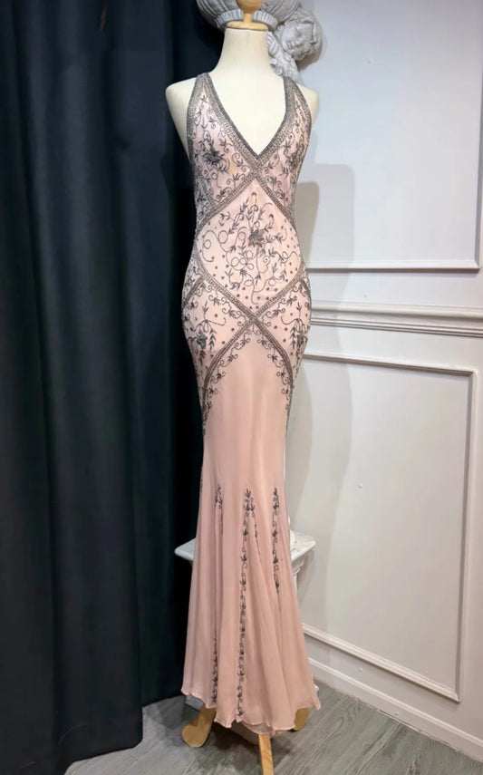 Halter Neck Blush Pink Embroidered Mermaid Gown | Vintage Luxury Elegant Sequin Trim Floor-Length Dress for Gala Ball gh6469