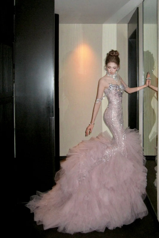 Pink Luxurious And Exquisite Pearl Embellishment Long Chiffon Mermaid Slim Fit Evening Gown gh6758