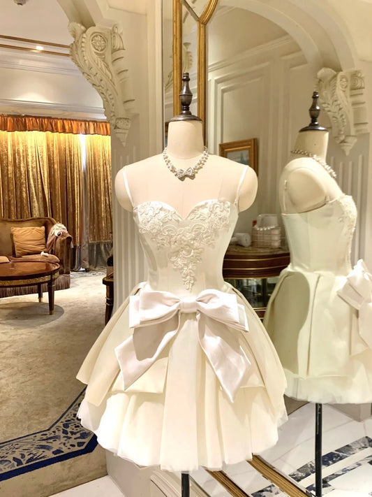 Girlhomeshops-White bow short satin tulle homecoming dress birthday party dress eighth grade dress gh5292