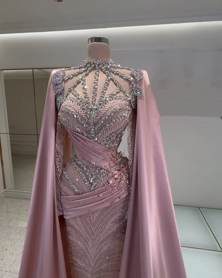Girlhomeshops-Pink Luxury Gorgeous Beaded Rhinestone Long Satin Prom dress Evening Dress gh5017