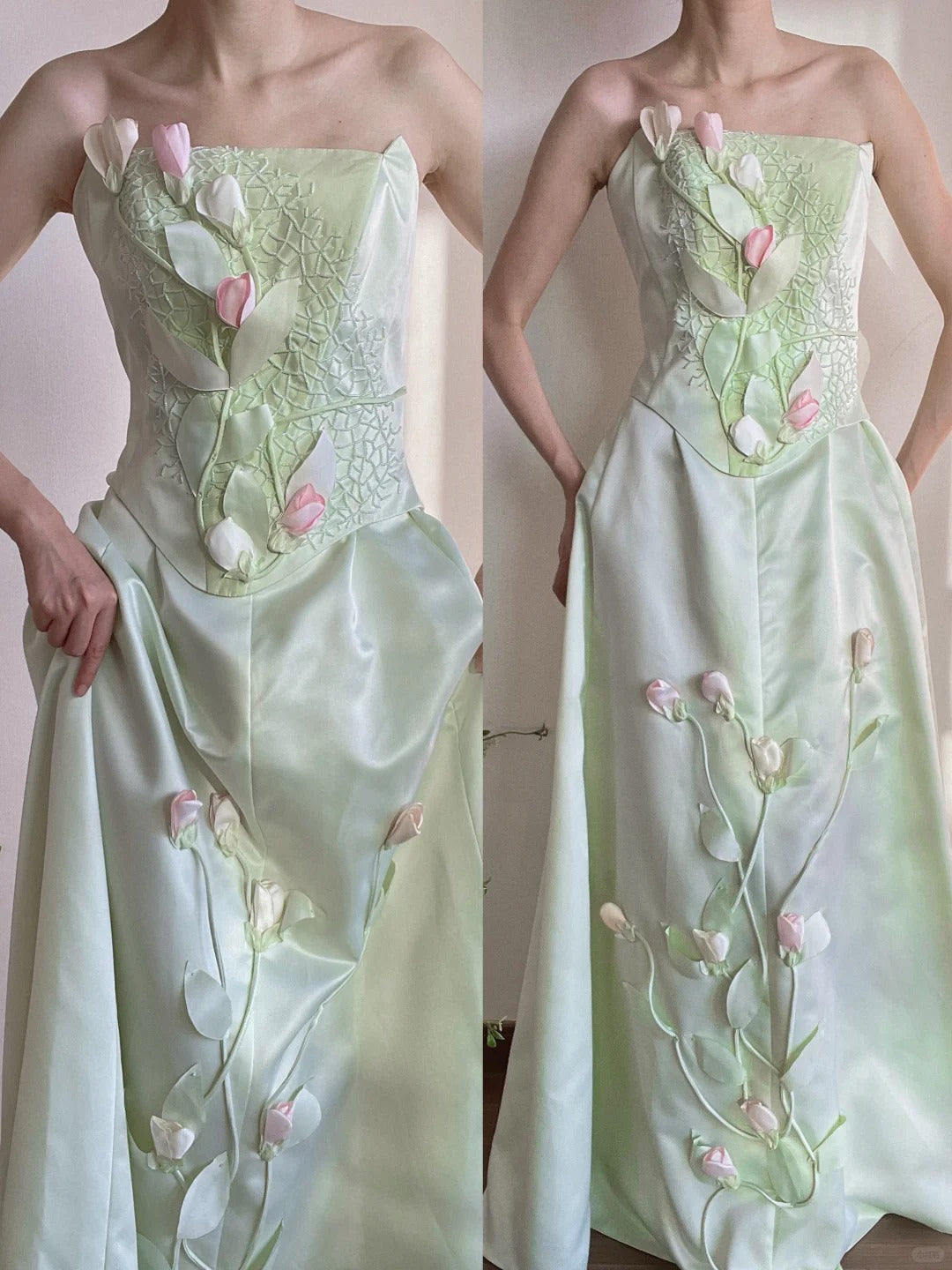Girlhomeshops-🌷🌿Green tulip applique long satin floor-length Prom Dress evening dress gh5240