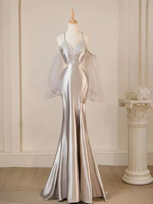 Robe de soirée longue en satin argenté, élégante, à bretelles spaghetti, style sirène, tenue de fête d'anniversaire, gh4278