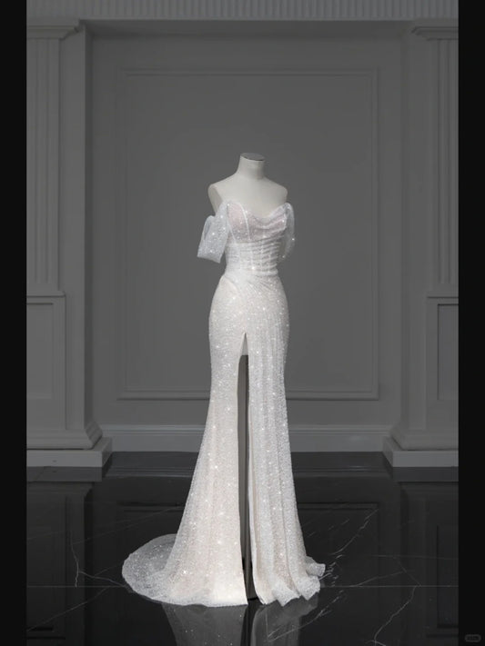 ✨Girlhomeshops-White Sparkling Elegant Mermaid Long Tulle Slimming Prom dress Evening Dress Party Dress gh4991