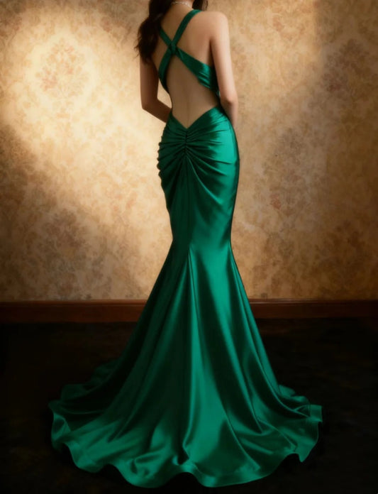 girlhomeshops-Sleeveless Deep V - Neck Backless Dark Green Satin Mermaid Dress, Retro Elegant Slim - fitting Floor - length Evening Gown  gh5827