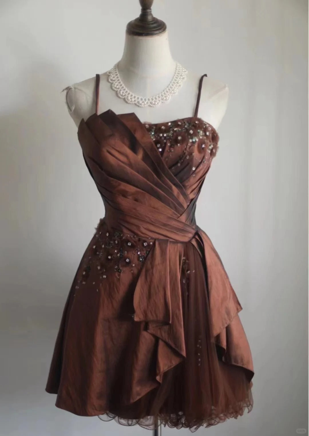 Brown retro palace puff short homecoming dress princess dress taffeta satin handmade beading adult ceremony birthday party gh4374