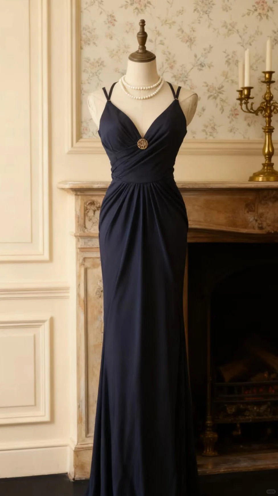 girlhomeshops-Elegant navy blue spaghetti strap deep V neck waist dress, vintage embellished elegant long evening gown  gh5826