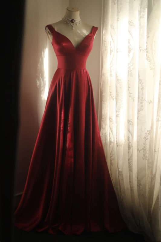 Girlhomeshops - Robe de soirée trapèze en satin rouge vin sans manches, longueur au sol, gh5832