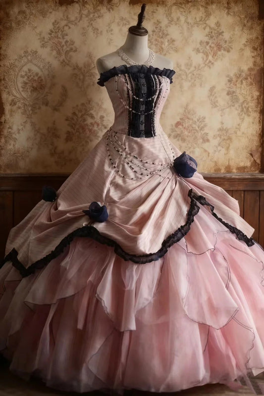 girlhomeshops-Sleeveless Pink - Blue Contrast Lace - decorated Puff dress, Retro Court - style Satin Floor - length Evening Dress gh5830