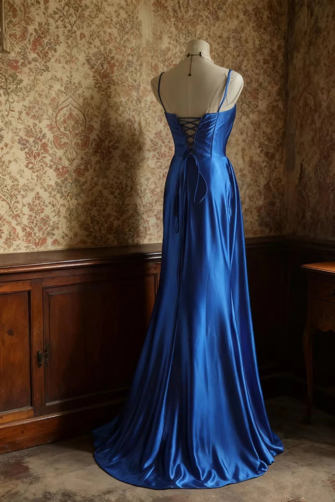 girlhomeshops-Sleeveless Royal Blue Satin Mermaid Dress, Retro Elegant Slim - fitting Floor - length Evening Gown  gh5828