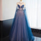 Robe de soirée longue en tulle bleu magnifique et brillant, perlée, longueur au sol, robe de bal, robe de remise de diplôme, gh4553