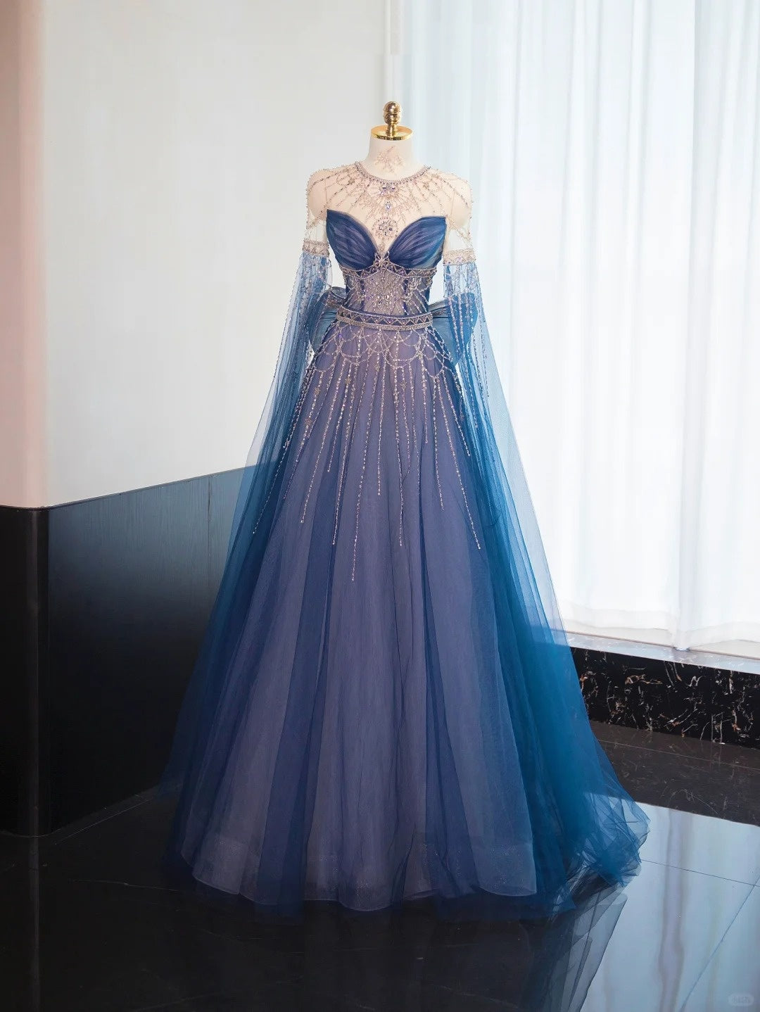 Robe de soirée longue en tulle bleu magnifique et brillant, perlée, longueur au sol, robe de bal, robe de remise de diplôme, gh4553