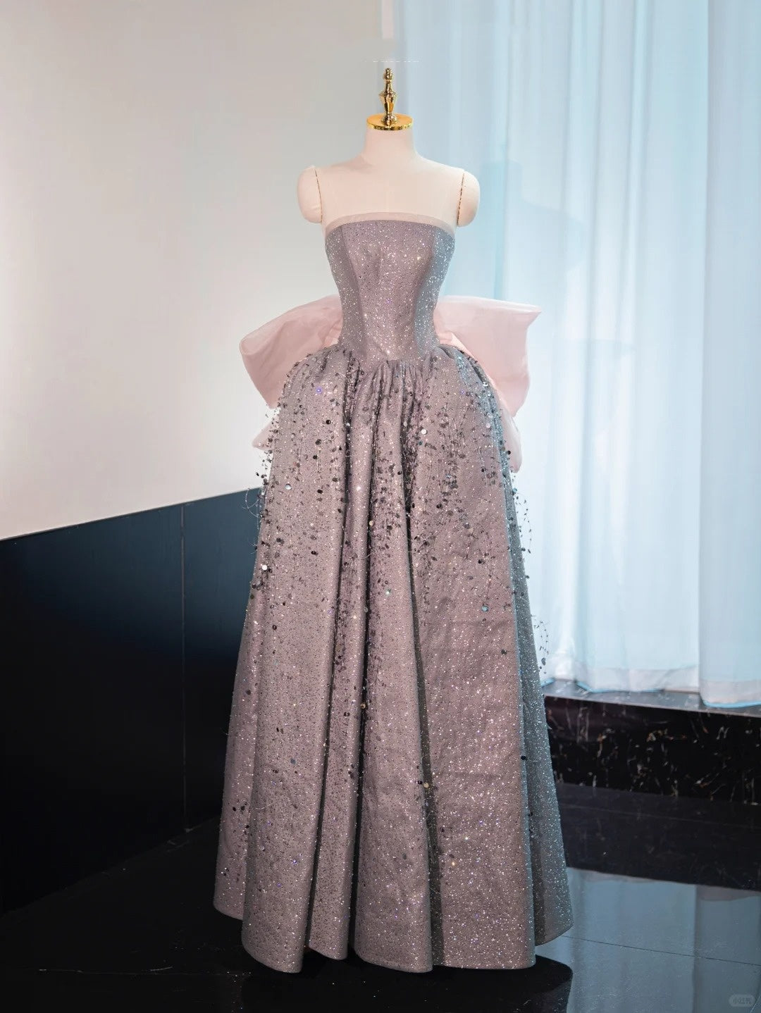 Silber wunderschöne glänzende rosa Schleife lange bodenlange Pailletten Ballkleid Abendkleid Abschlusskleid gh4552