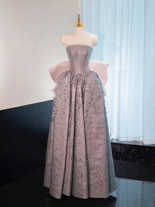 Robe de soirée longue à paillettes argentée et brillante, avec nœud rose, robe de bal, robe de remise de diplôme, gh4552