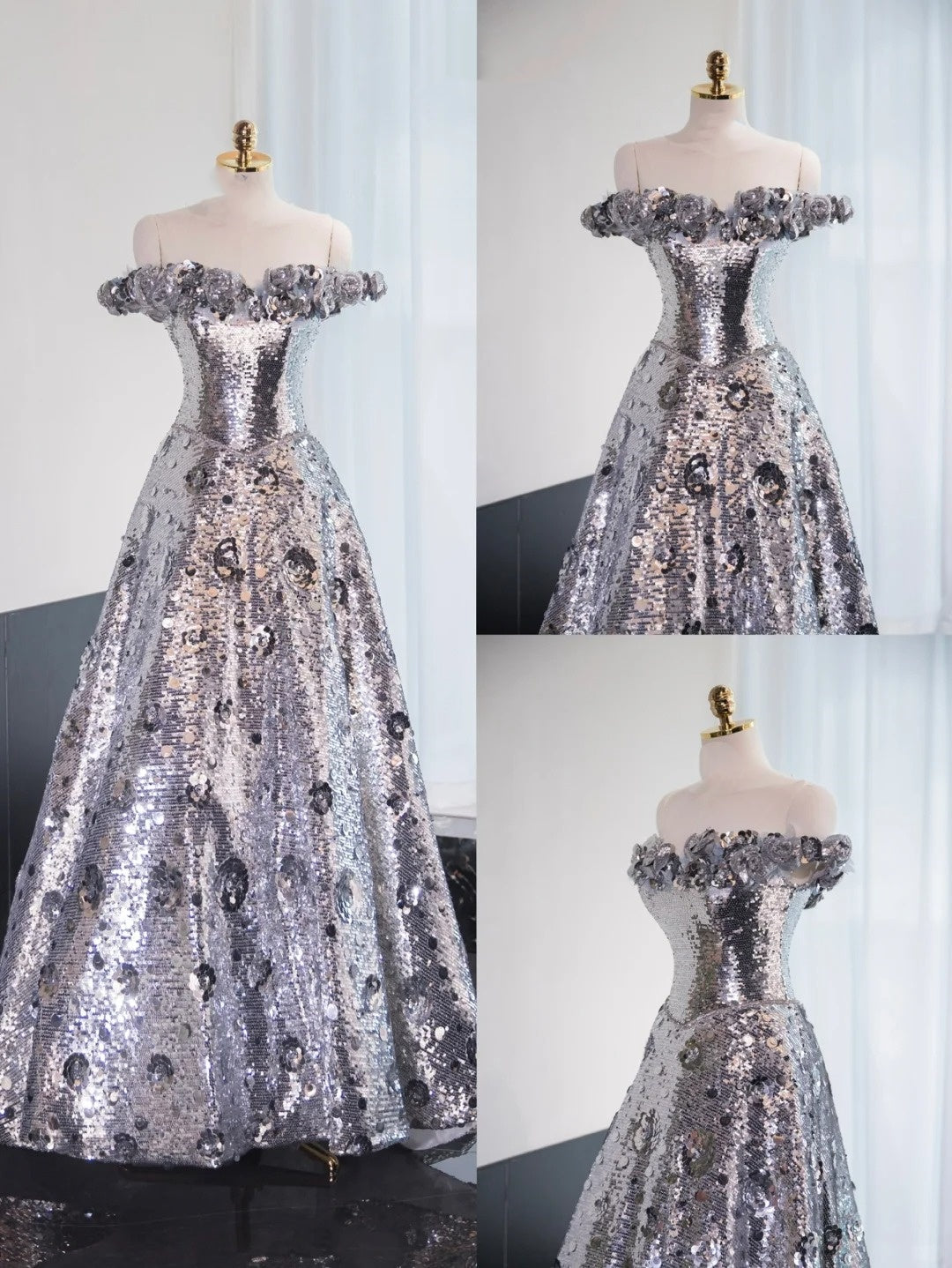 Robe de soirée longue et brillante argentée à paillettes, robe de bal, robe de remise de diplôme gh4550