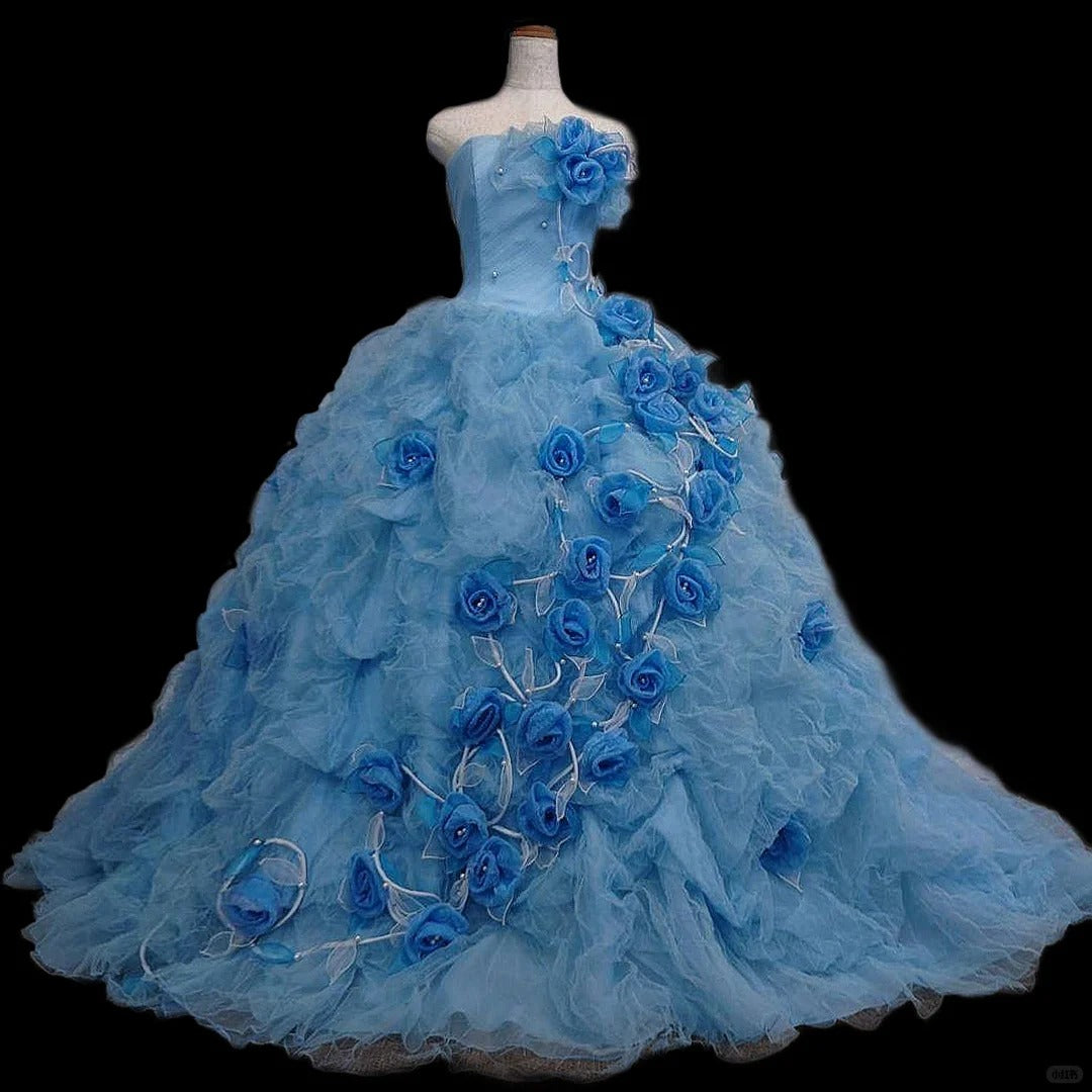 Girlhomeshops-Blue floral fashionable gorgeous elegant long tulle ball gown gh5322