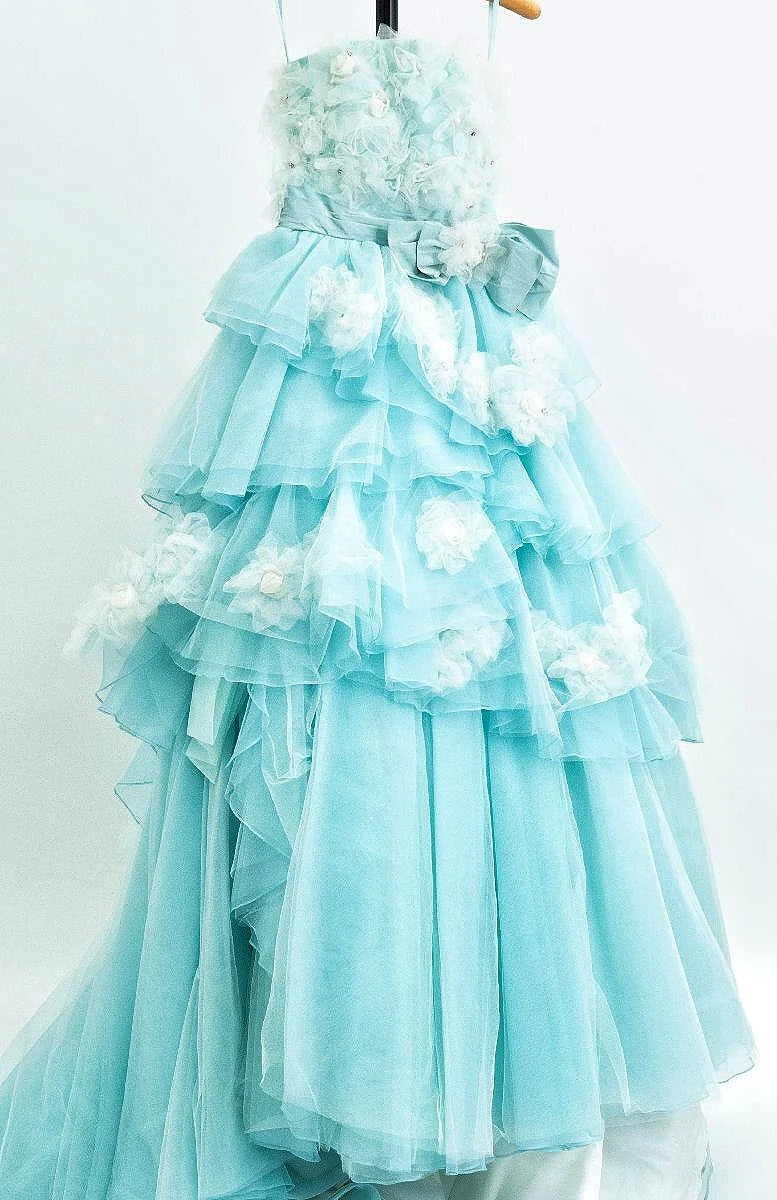 Girlhomeshops-Blue/Pink Floral Fashion Gorgeous Elegant Long Tiered Tulle Ball Gown gh5323