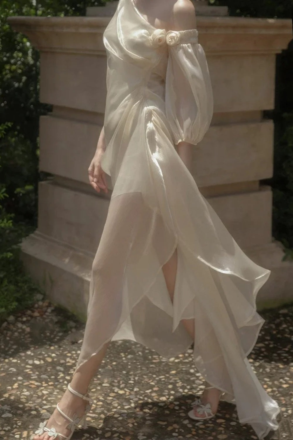 girlhomeshops-🕊One Shoulder Flower Long Fairy Dress White Moonlight Female Lead's Favorite Fairy Dress gh5907