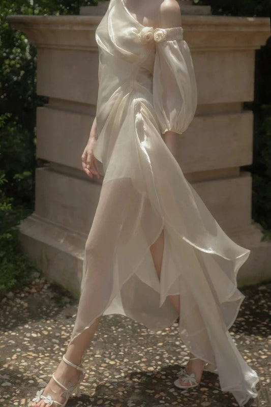 girlhomeshops-🕊Einschultriges, langes Feenkleid mit Blumenmuster, weißes Mondlicht, Lieblings-Feenkleid der weiblichen Hauptrolle, gh5907